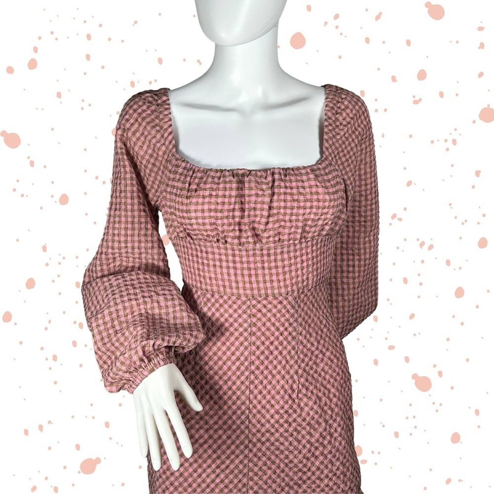 Minkpink Women's XS Pink & Brown Gingham Puffy Sleeve Mini Dress NWT! Retail $98